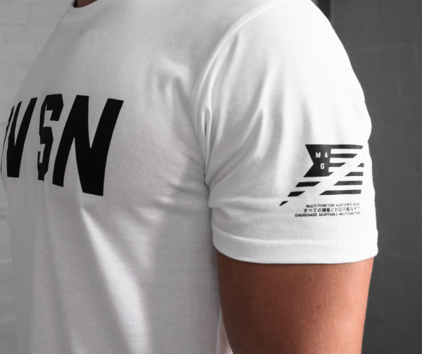 DVSN Men's Logo Tee White - Front and Left Sleeve with Flag